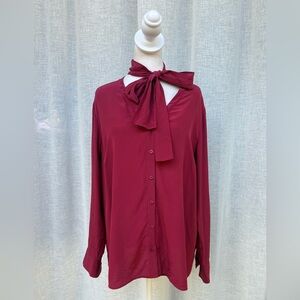 Escada red burgundy maroon button down silk blouse necktie